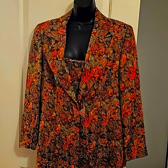 Designer Long Coat w/Matching Skirt by K.B., Sz 10, Sparkly Rose/Brown Floral - Picture 2 of 13